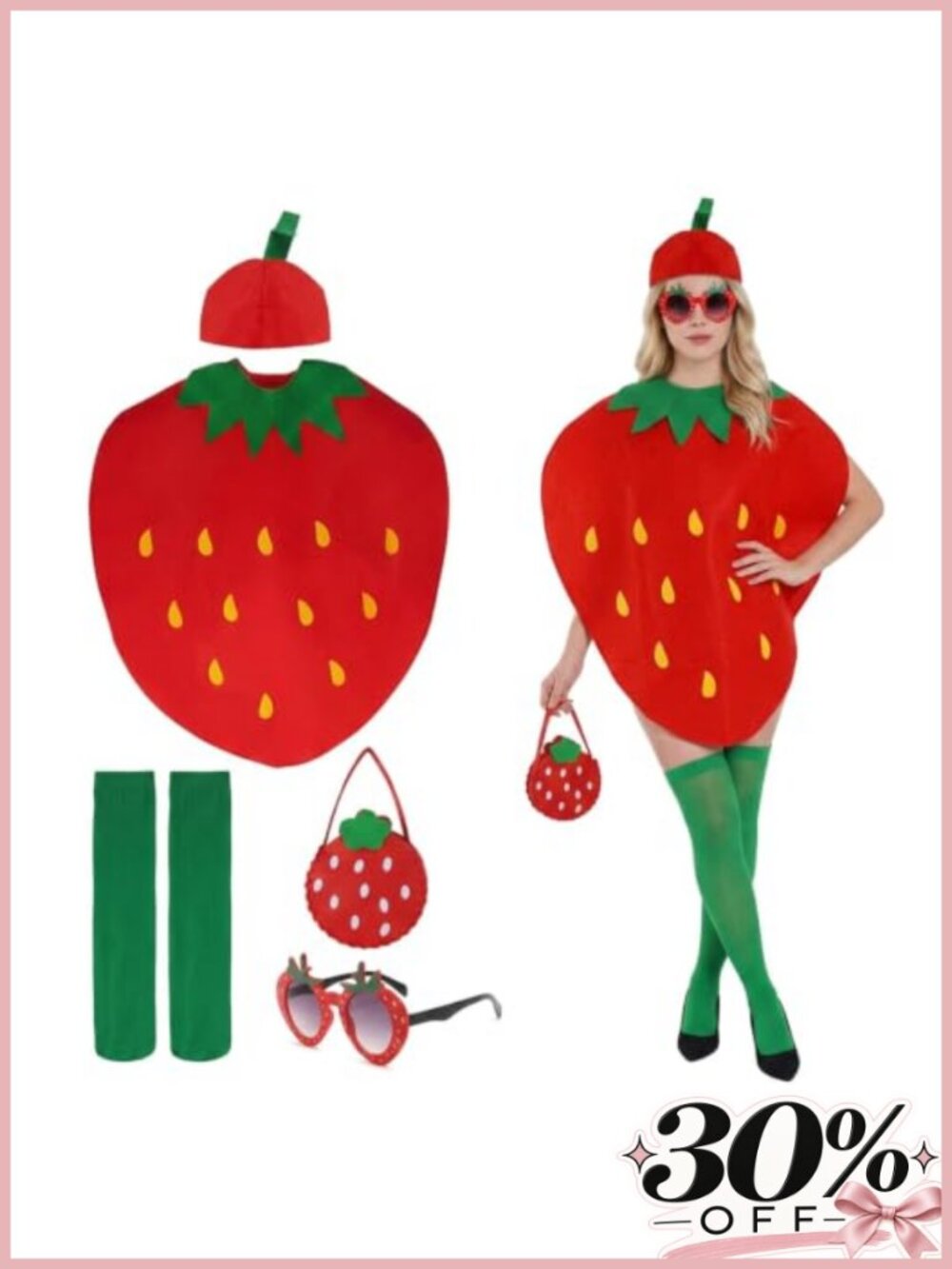 Strawberry Costume 5 Piece Set Adult Polyester Hat Dress Socks Bag Glasses